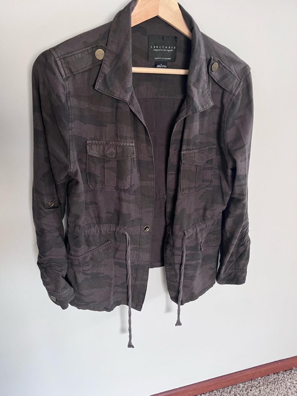 Sanctuary Womens Camo Utility Jacket Dark Green Brown Small Drawstring Waist